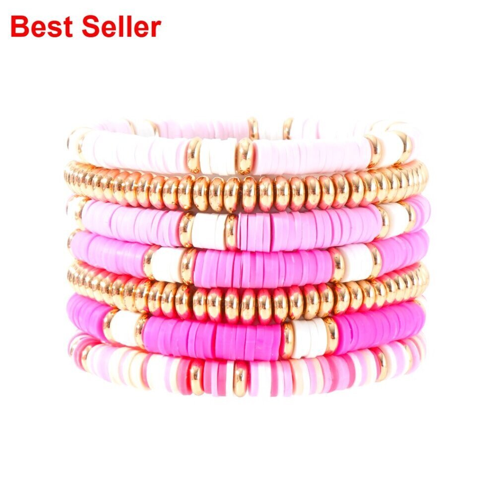 Gold Plated Clay Polymer Bead Stretch Bracelets Stackable Layering Set